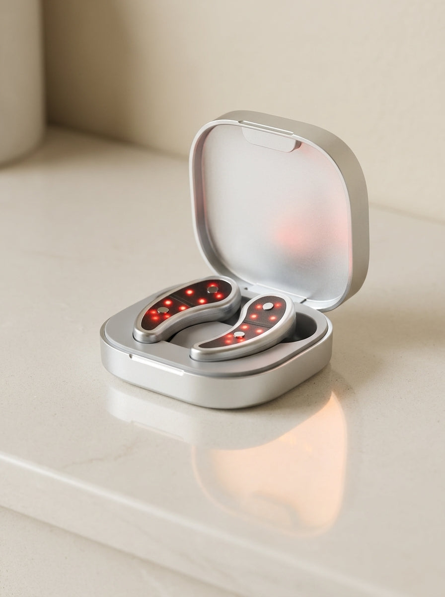 Nuveil charging case open on a vanity