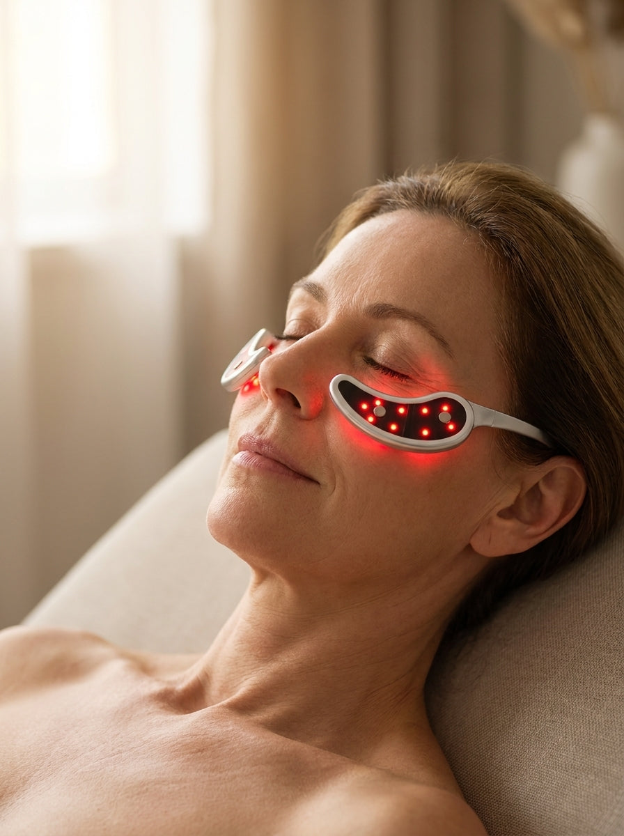 Woman relaxing with Nuveil applicators worn under her eyes