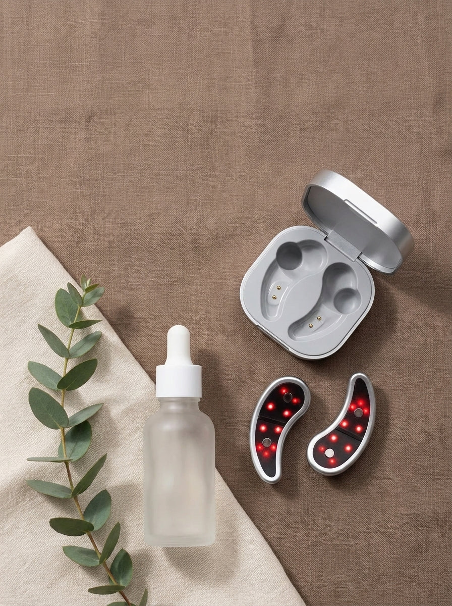 Nuveil flat-lay with serum and eucalyptus