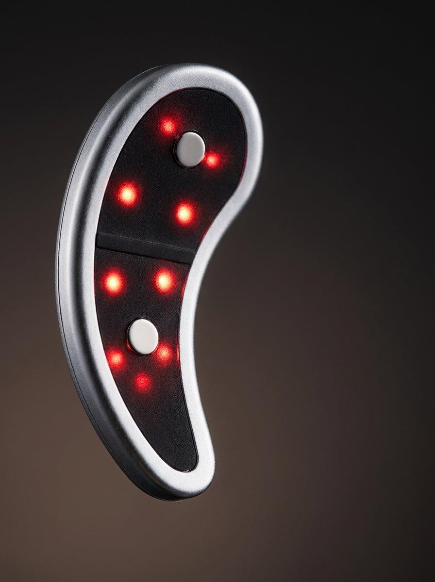 Macro detail of a Nuveil applicator with glowing red LEDs